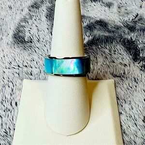 Stainless Steel Blue Shell Inlay Ring Size 8